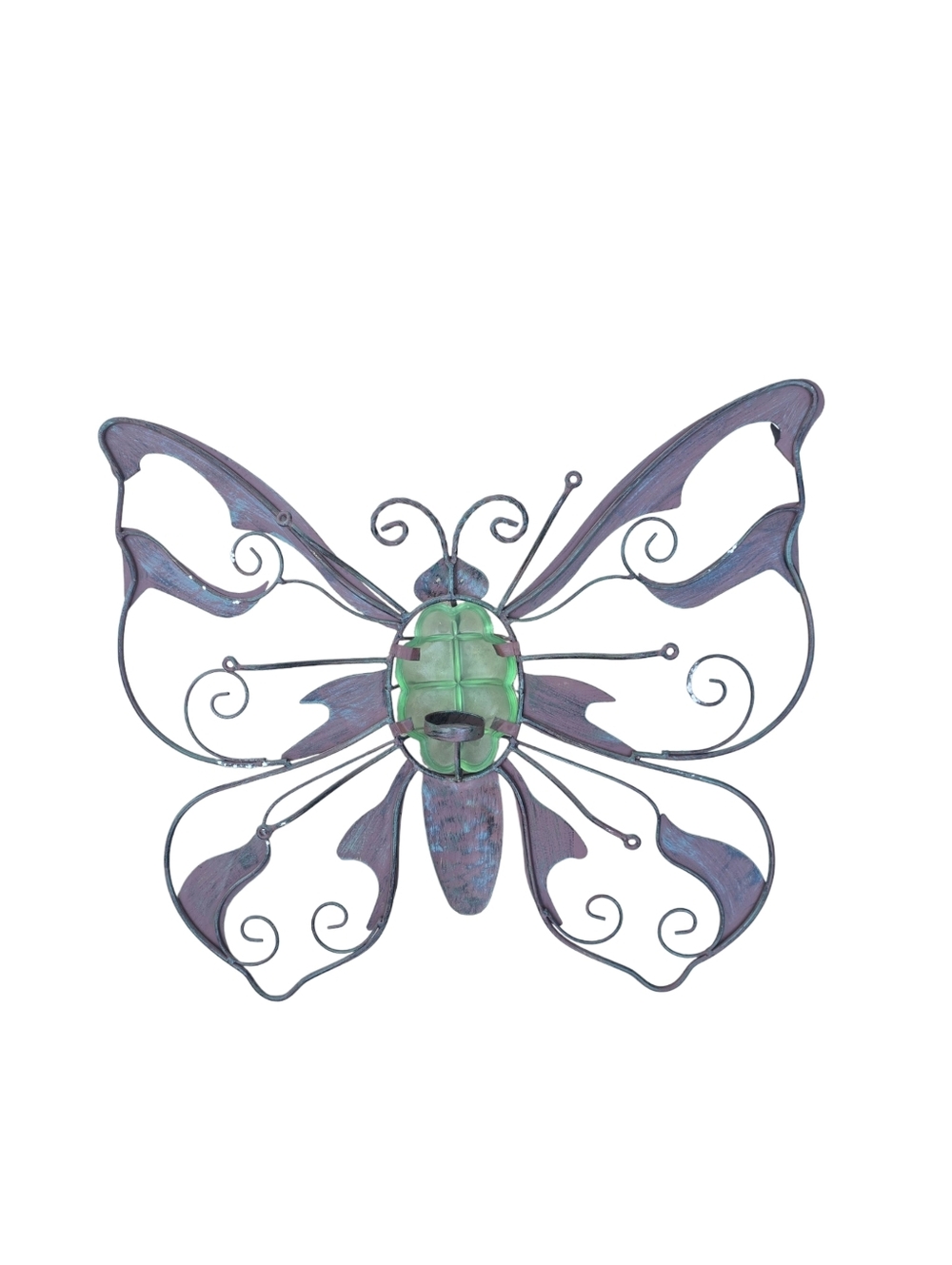 Butterfly Metal Wall Decor w/ Tealight Holder Purple Green 23” x 20” - Picture 3 of 10